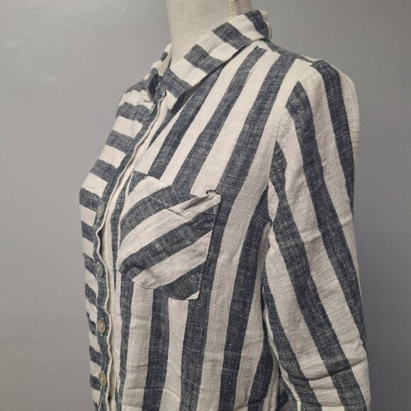 Soft Surroundings Button Down Linen Shirt Top Collared Womens Medium Stripes - Picture 5 of 12